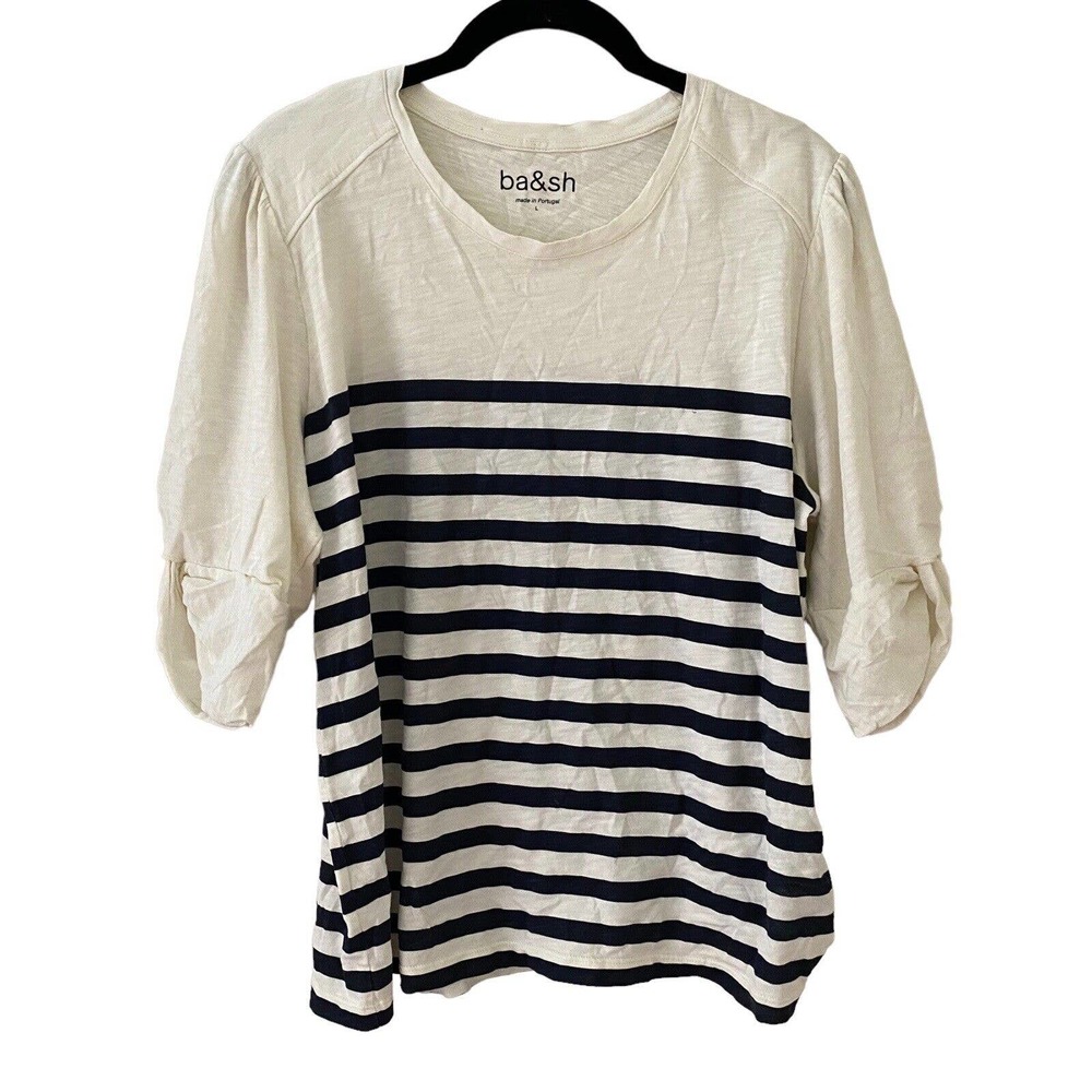 ba&sh Large Lady T-Shirt Puff Sleeve Cream Black Striped Top Blouse